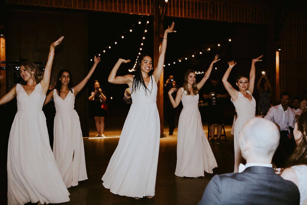 Bridesmaids perform choreography dance at Arizona desert wedding reception