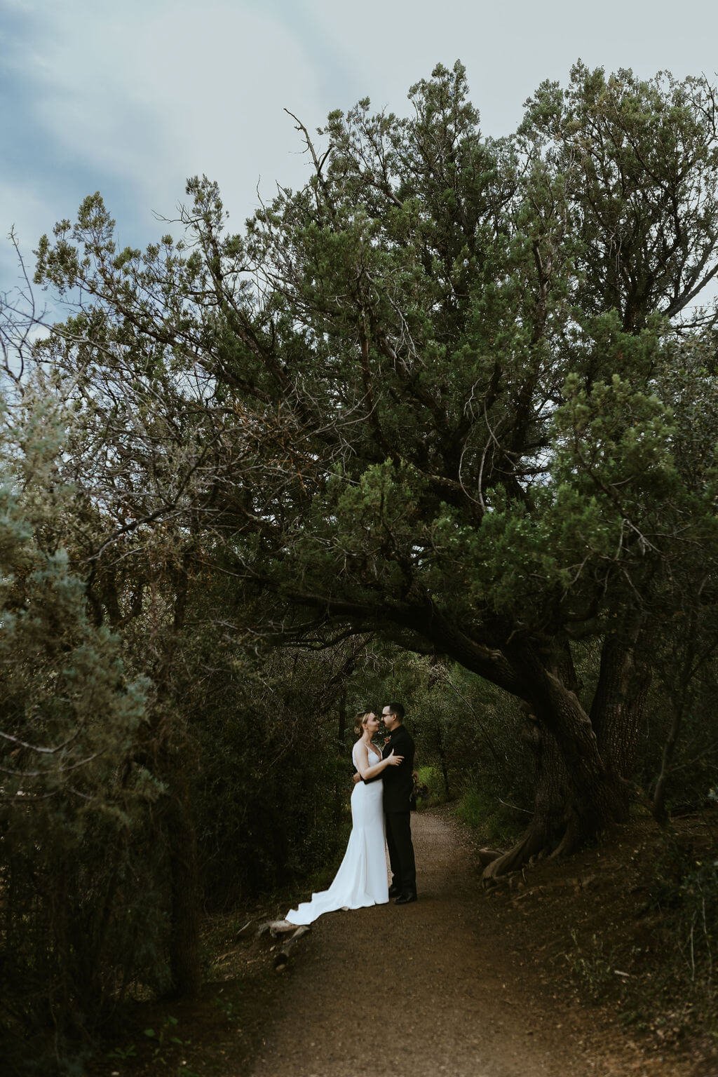 Bride and groom on a path under trees for a woodland wedding