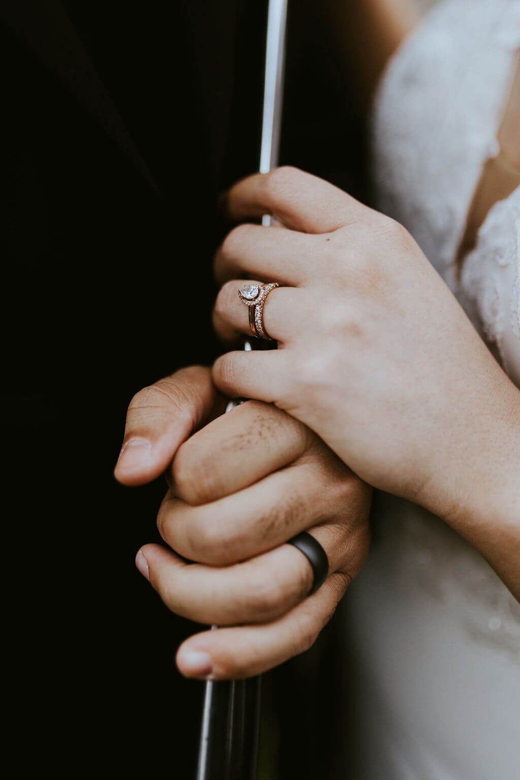 Close up of bride and groom's rings with their hands holding an umbrella 