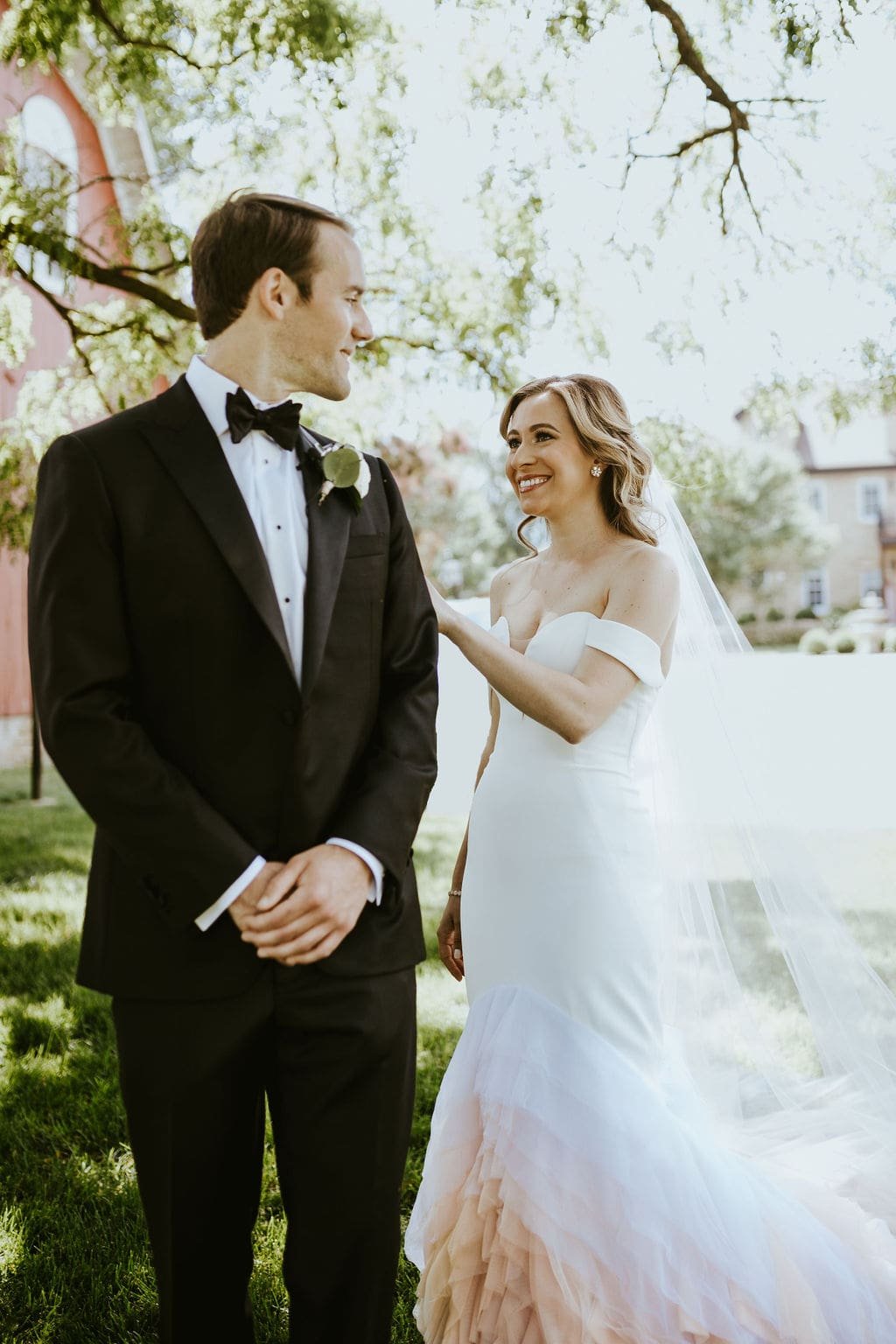 Bride and groom first look outside at Orchard Ridge Farms wedding
