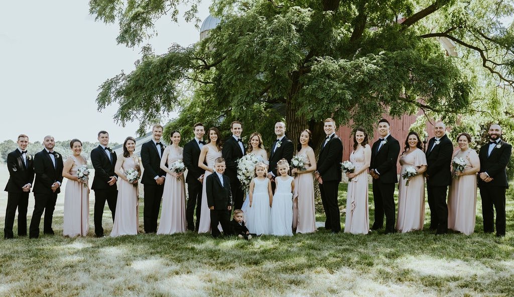 Wedding party photos at Orchard Ridge Farms classic wedding
