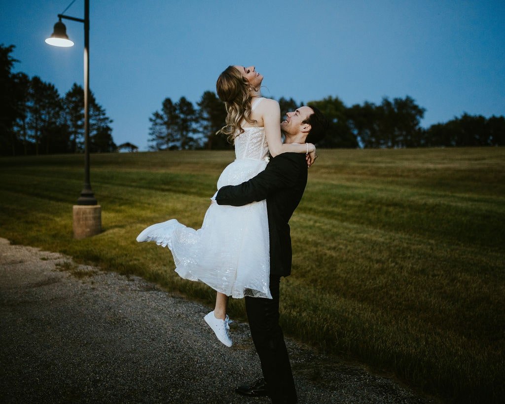 Bride and groom blue hour photos at Orchard Ridge Farms classic wedding