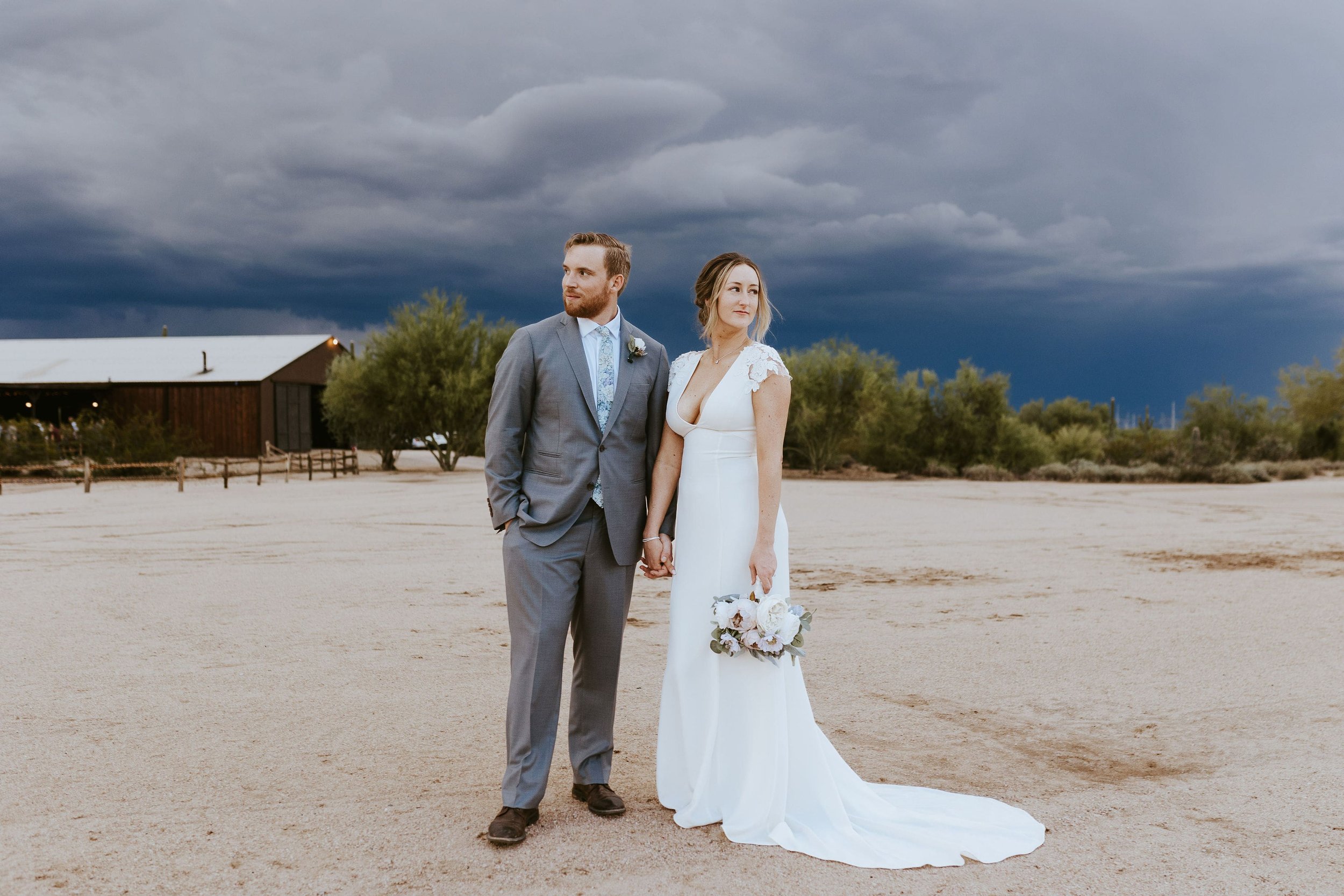 Bride and groom portrait at fall desert foothills wedding in Arizona