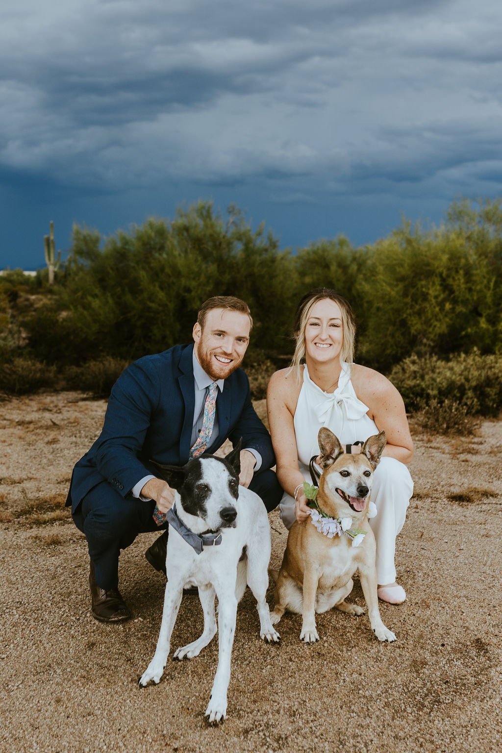 Bride and groom couple photos with their two dogs on their fall wedding day in Arizona