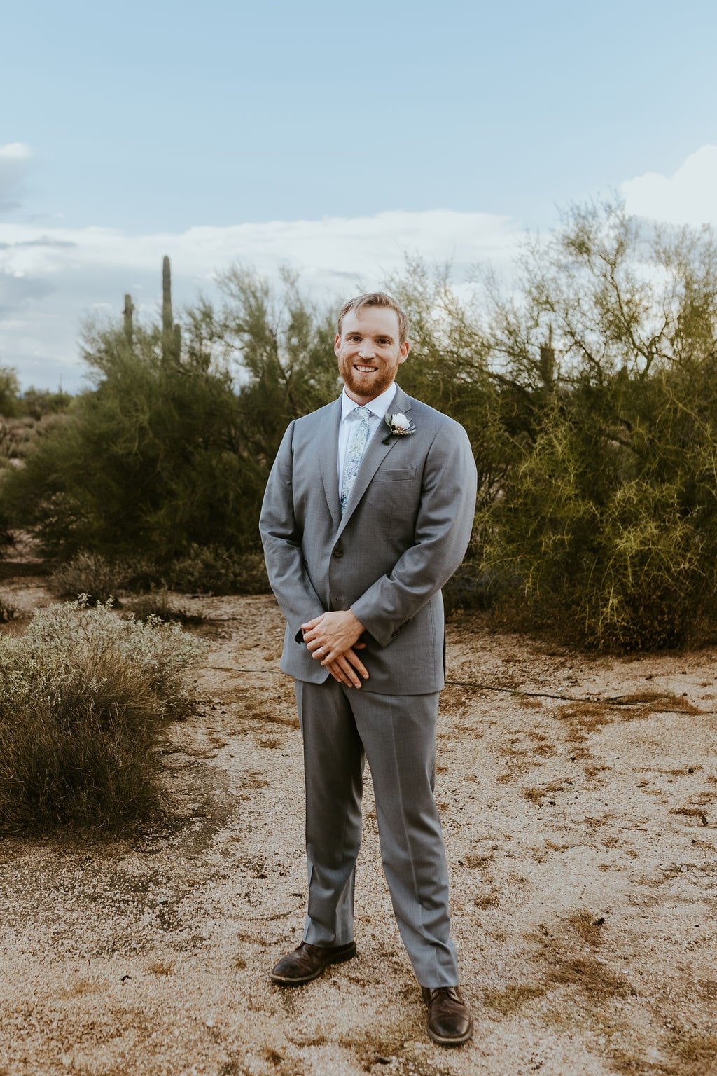Groom portrait at fall desert foothills wedding in Arizona
