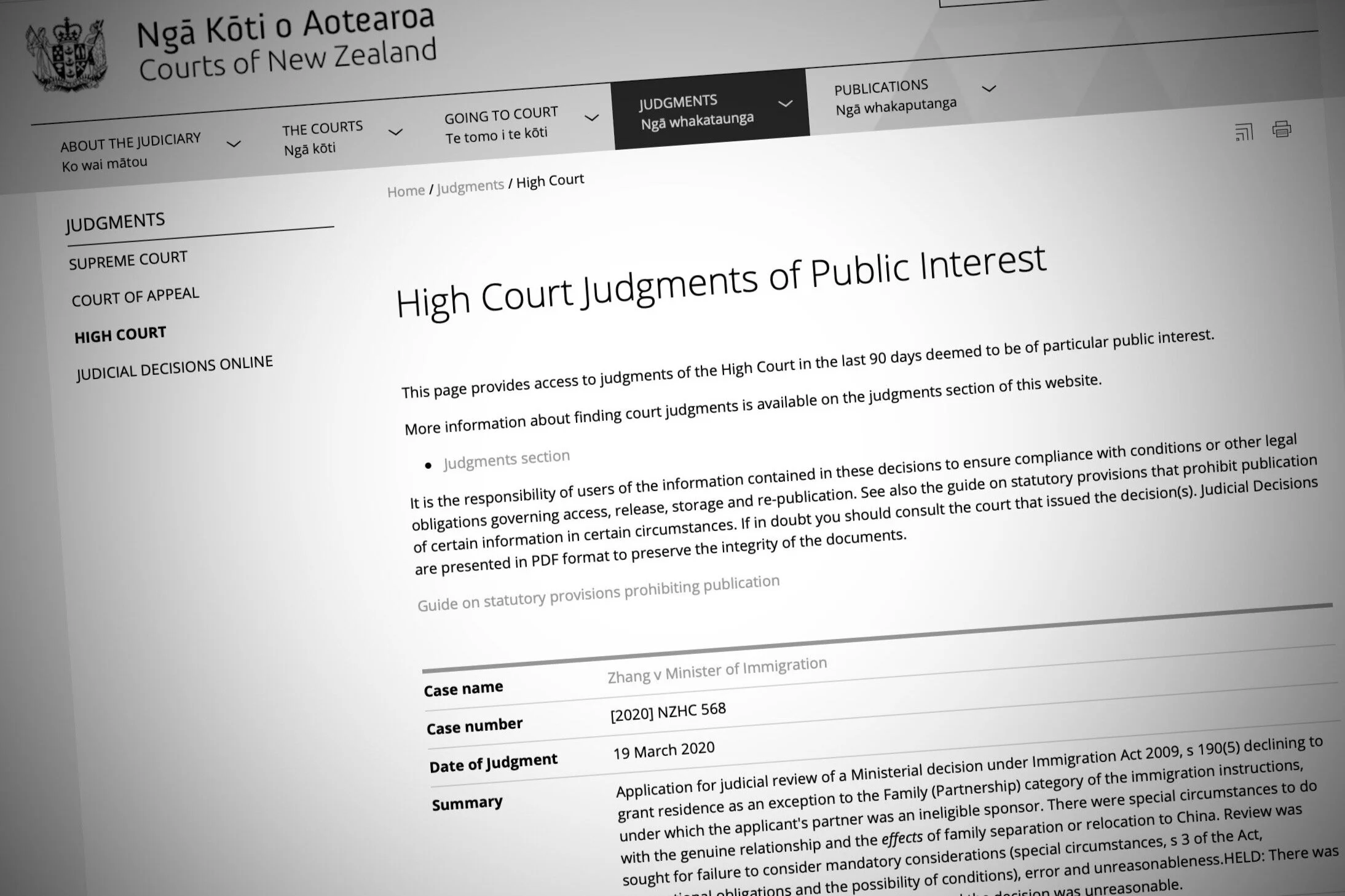 High Court judicial review overturns decision in the recent Zhang v Minister of Immigration case