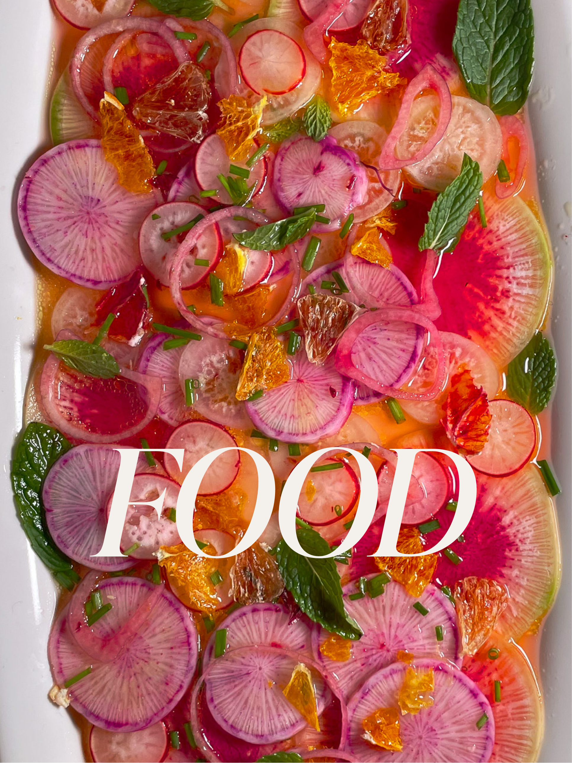 Colorful radish and citrus salad with mint leaves and chopped chives, with the word 'FOOD' overlayed.