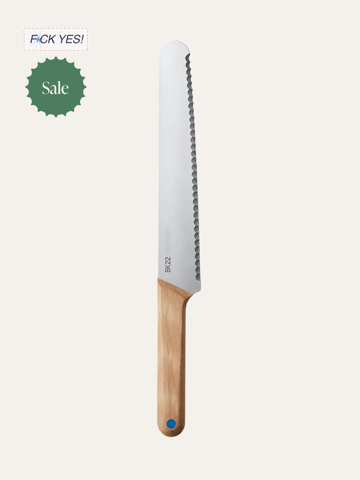 A serrated kitchen bread knife with a wooden handle, displayed vertically.
