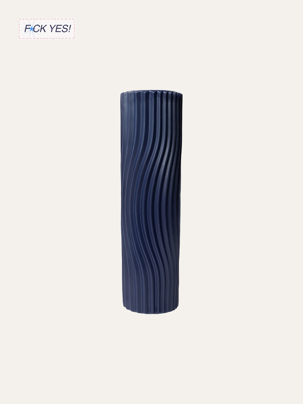 A tall, navy blue ceramic vase with a twisted, ribbed texture.