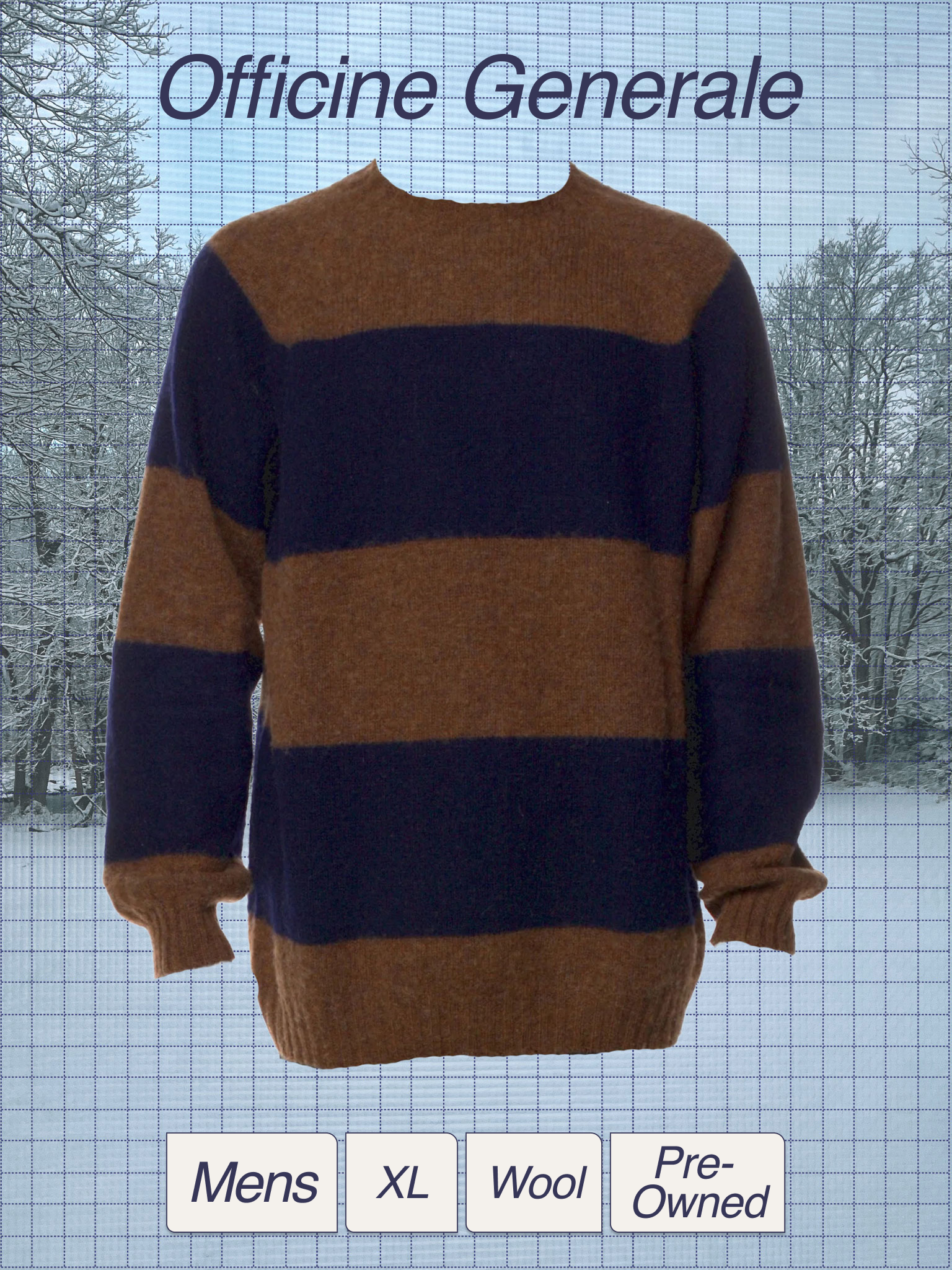 A brown and navy striped wool men's sweater displayed on a mannequin, with a winter outdoor background of snow-covered trees and a grid overlay.