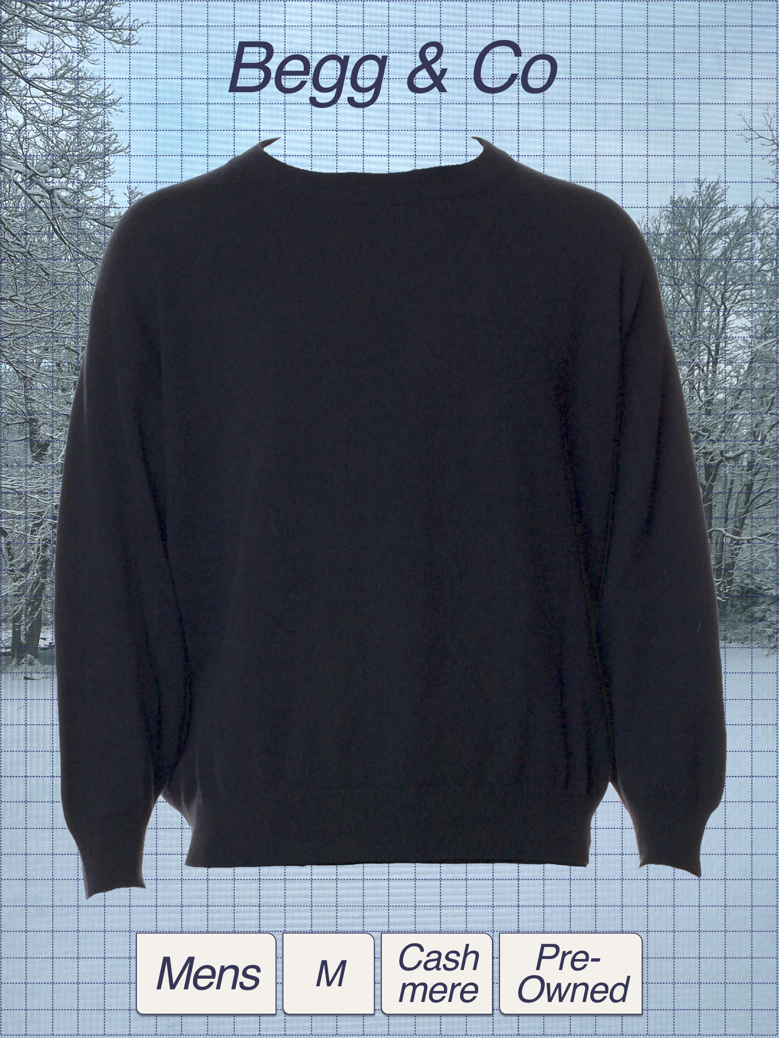 Black sweatshirt displayed against a wintery background with trees covered in snow and a cloudy sky. The wording "Begg & Co" is written at the top of the image.