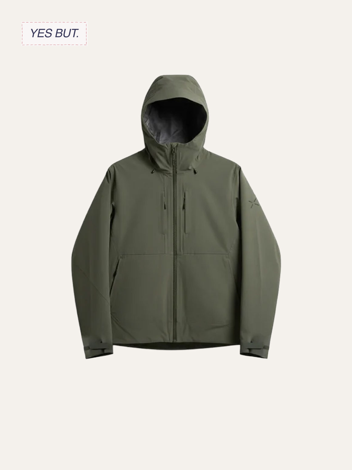 A gray hooded outdoor jacket with a zipped front and multiple pockets, set against a plain background.