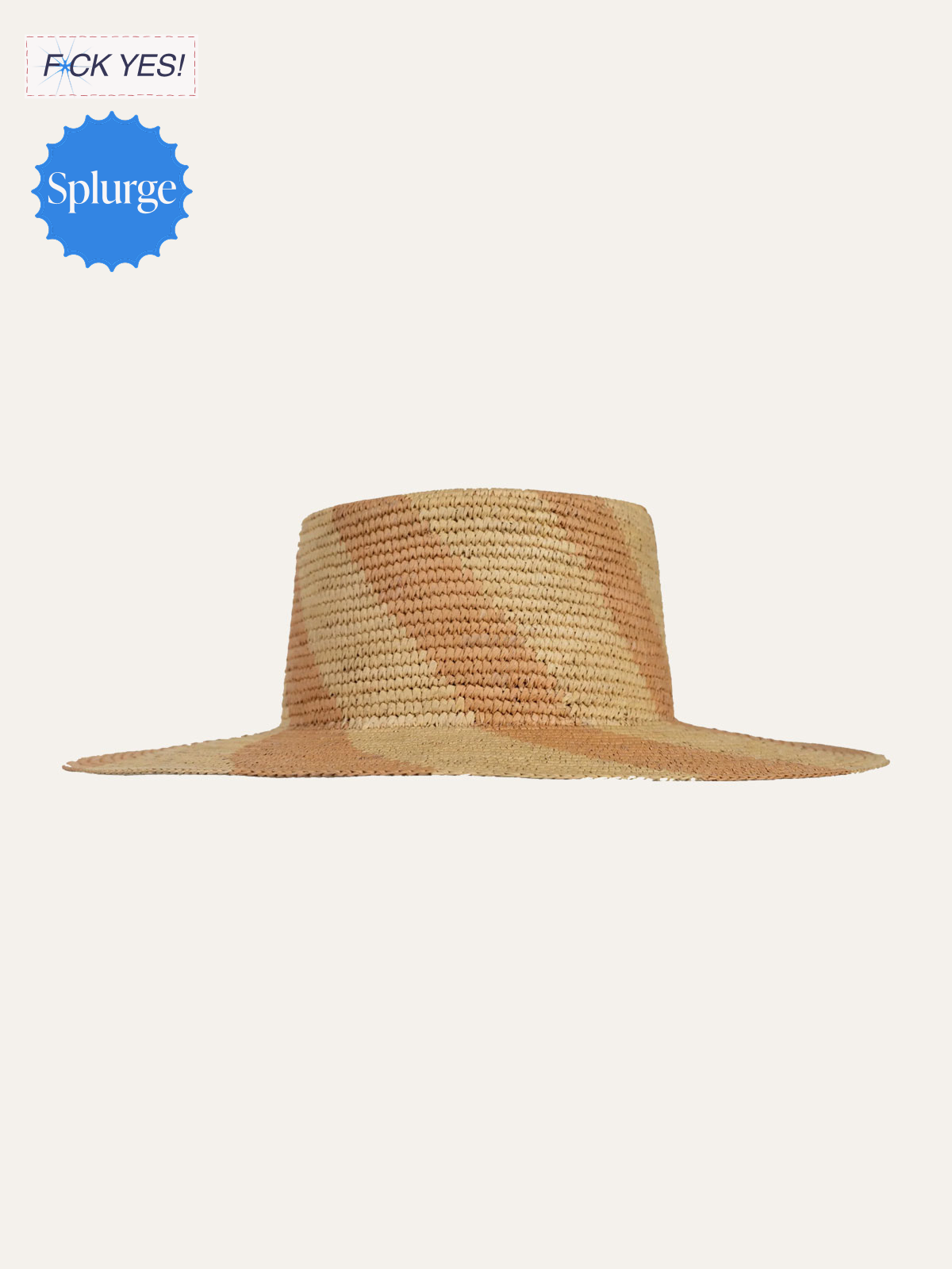 A wide-brimmed straw hat with a pattern of light and dark strips, placed against a plain beige background.