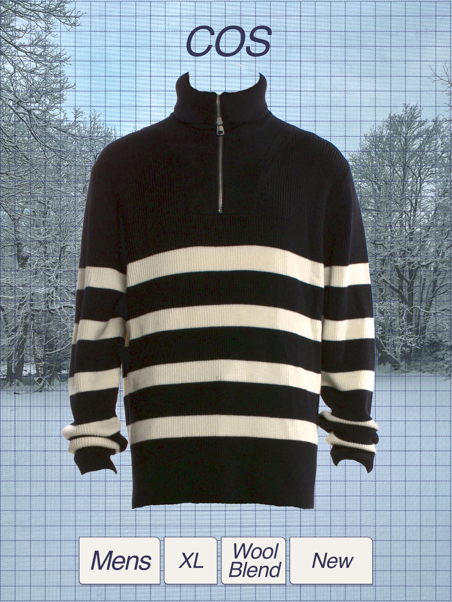 A men's black and white striped pullover sweater with a half zipper, displayed on a mannequin against a wintery outdoor background with trees covered in snow.