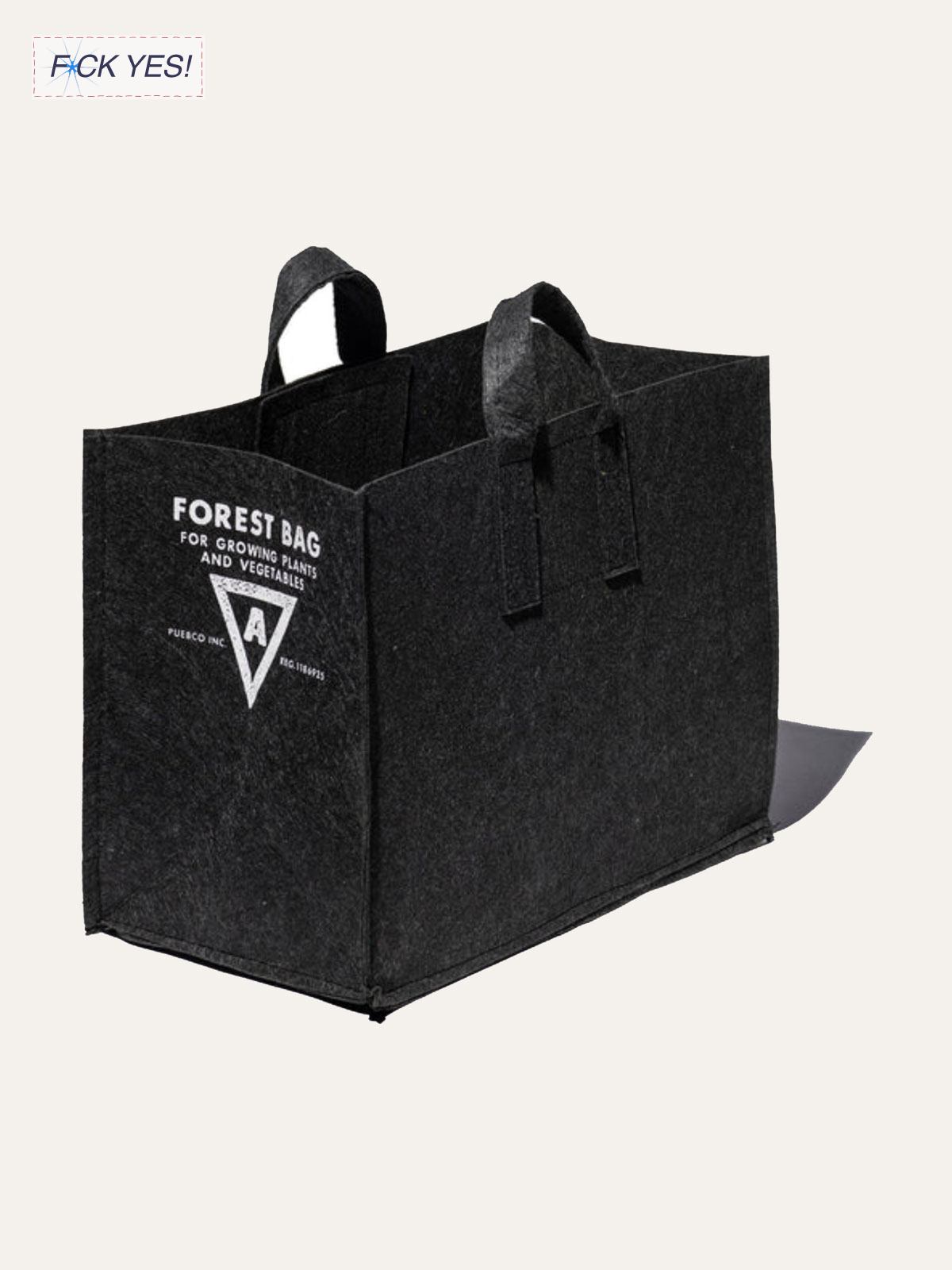 Black fabric grow bag with handles, labeled 'Forest Bag for Growing Plants and Vegetables'.