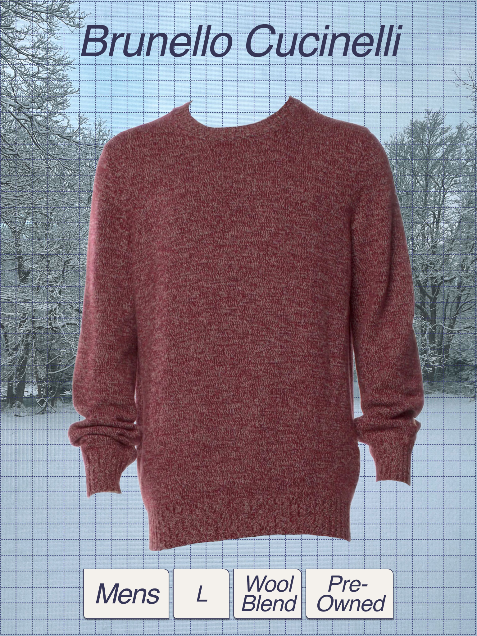 Red men's wool blend pre-owned sweater on display against a wintery tree background.