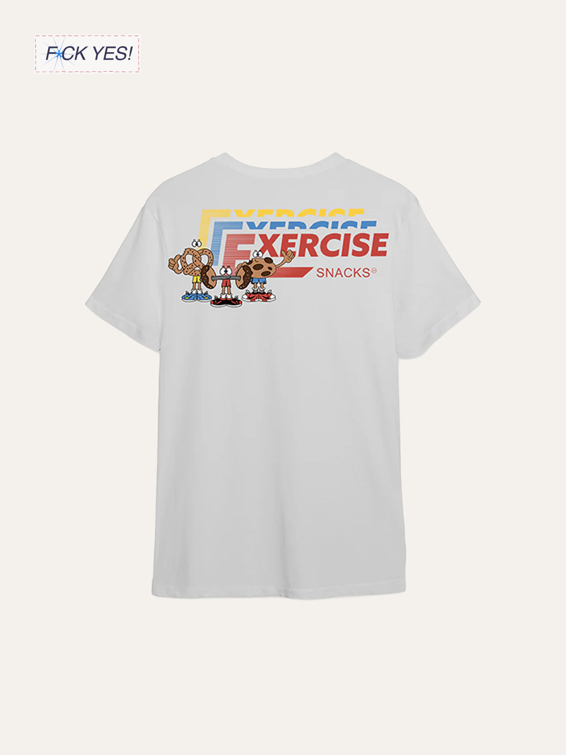 White T-shirt with colorful graphic design featuring cartoon characters and the words 'Exercise Snacks' and 'F*** YES!'