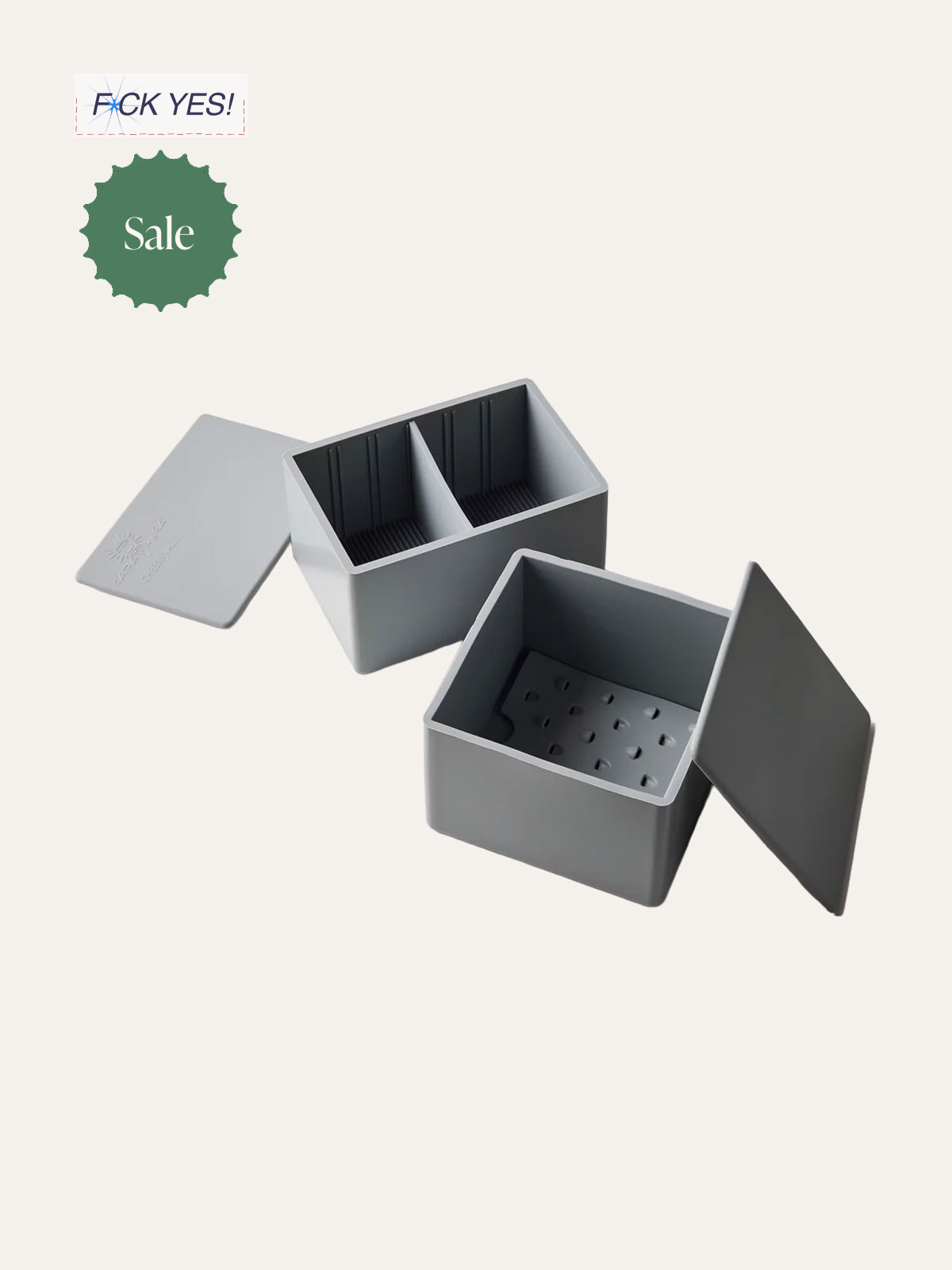 A gray plastic storage box with a removable lid, divided interior, and a perforated bottom for ventilation.