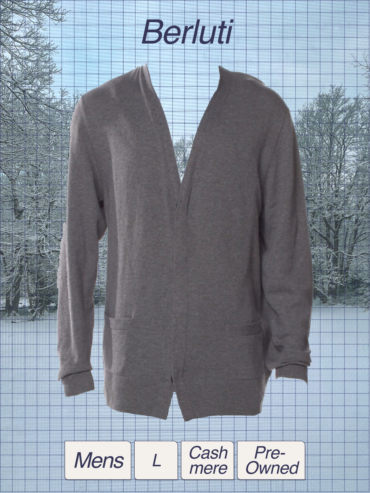 Gray men's jacket hanging outdoors during winter with snowy trees in the background, labeled with size L and tags for cashmere and pre-owned.