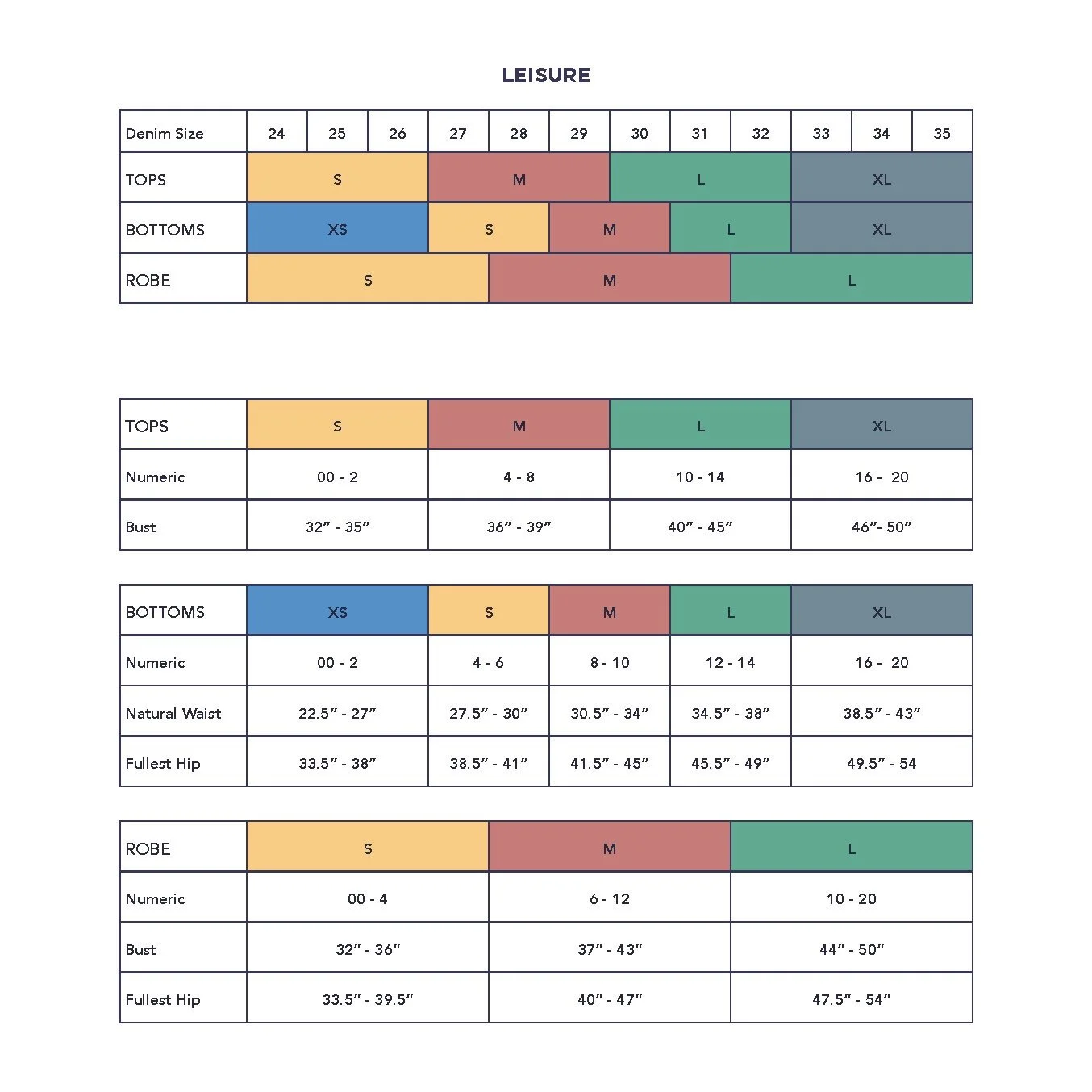 Clothing size chart for leisure wear, including tops, bottoms, and robes. Sizes range from XS to XL, with corresponding denim and numeric sizes. Measurements for bust, natural waist, and fullest hip are provided for each size category.