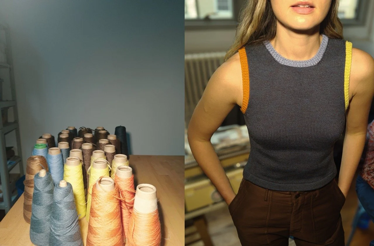 Left side shows multiple spools of thread in various colors on a wooden table, right side shows a woman in a sleeveless, gray knit top with orange and yellow accents, standing indoors.
