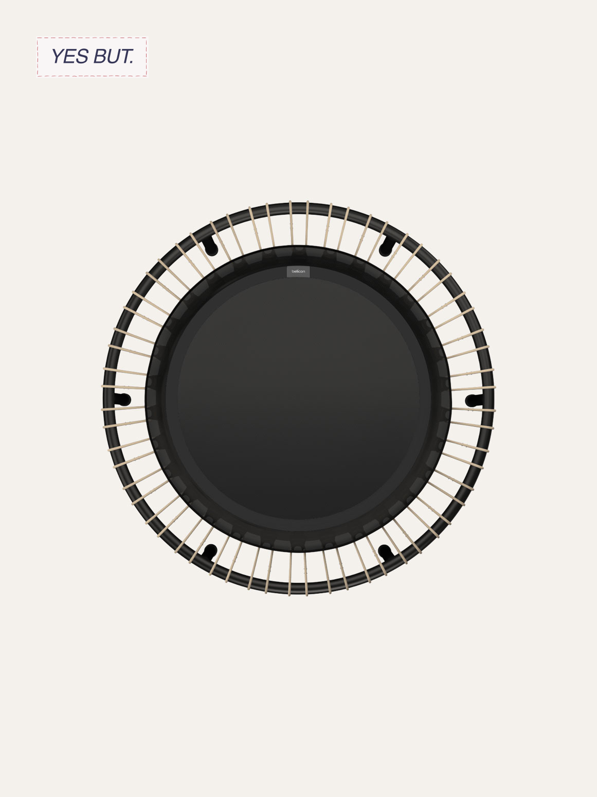 Top view of a round black trampoline with a safety net and beige padding around the edges, set against a plain beige background.
