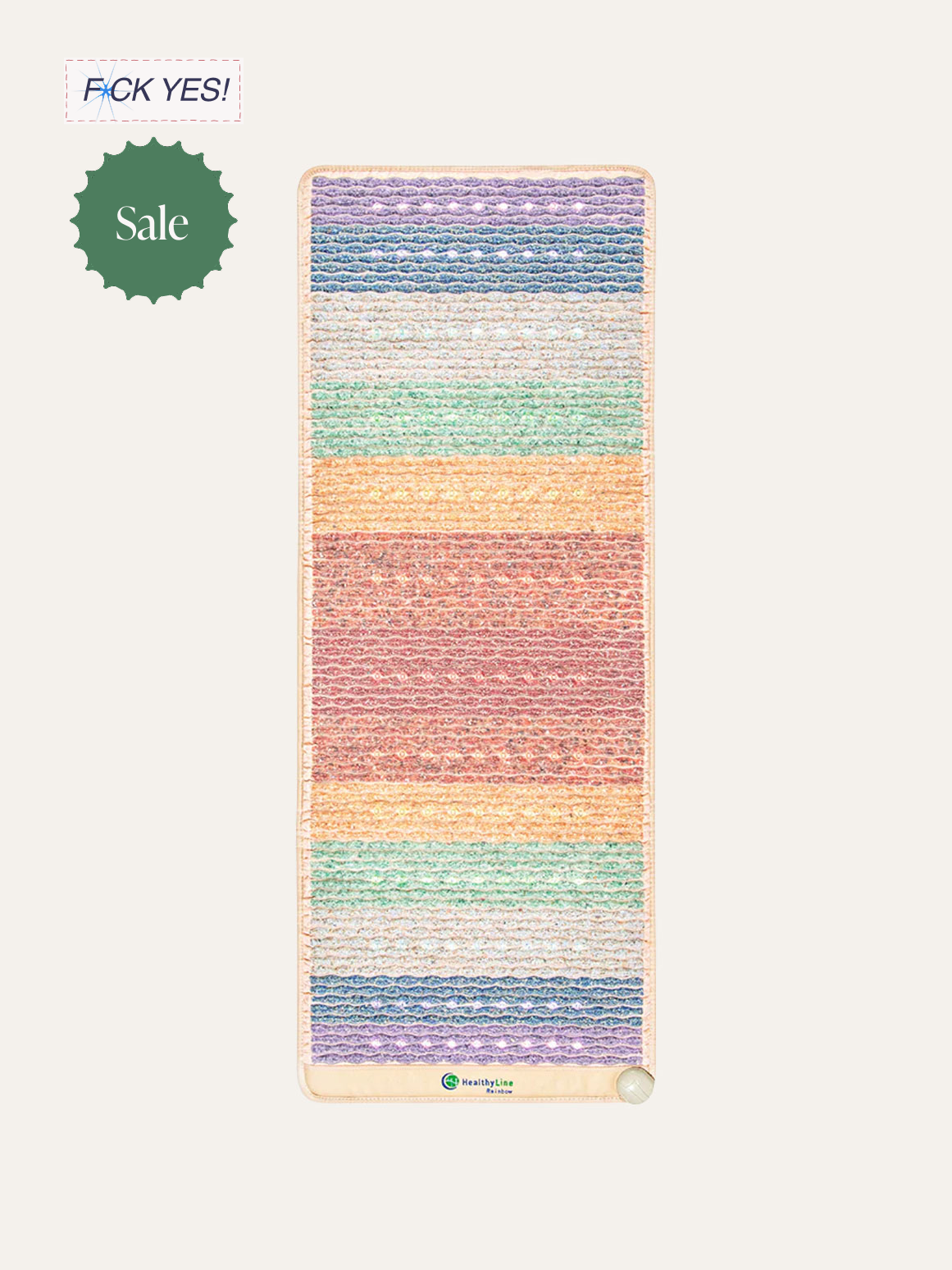 Colorful rainbow-striped massage mat with a small green sale badge and a "F**k Yes!" sticker at the top left corner on a light background.