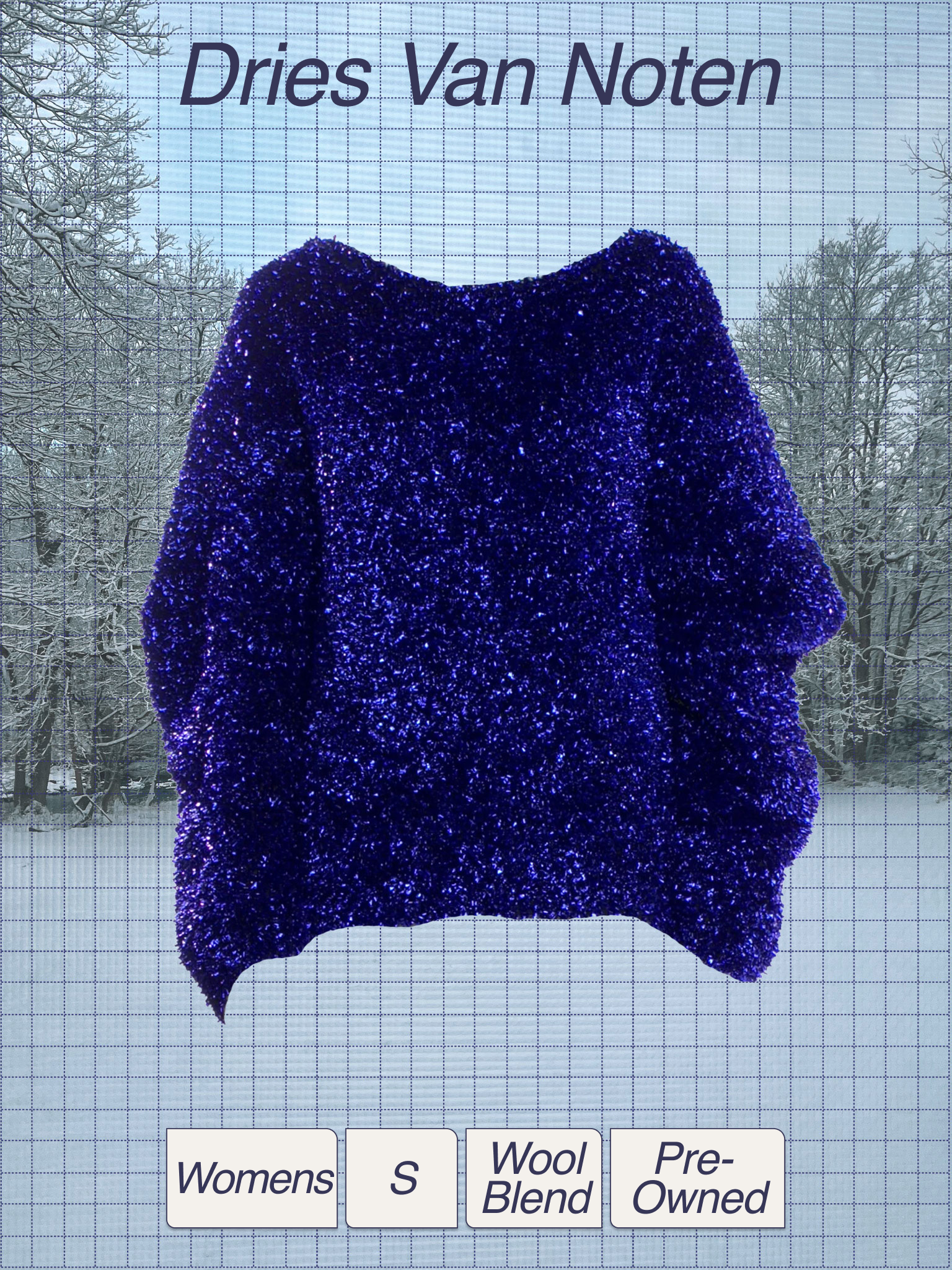 A coat hanger displaying a blue, sparkly wool blend women's coat. The background shows a wintery outdoor scene with snow-covered trees.