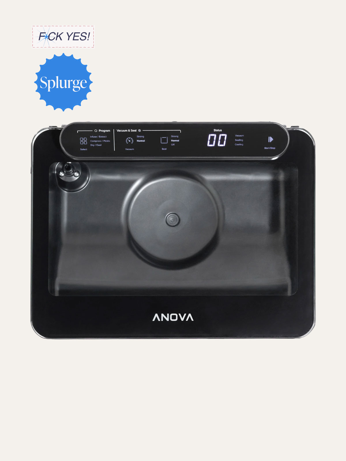 Black ANOVA countertop dishwasher with digital control panel on the top showing settings, a circular central washing area, and a small nozzle in the top-left corner, with a sticker reading 'F*** YES!' and a blue badge labeled 'Splurge' nearby.