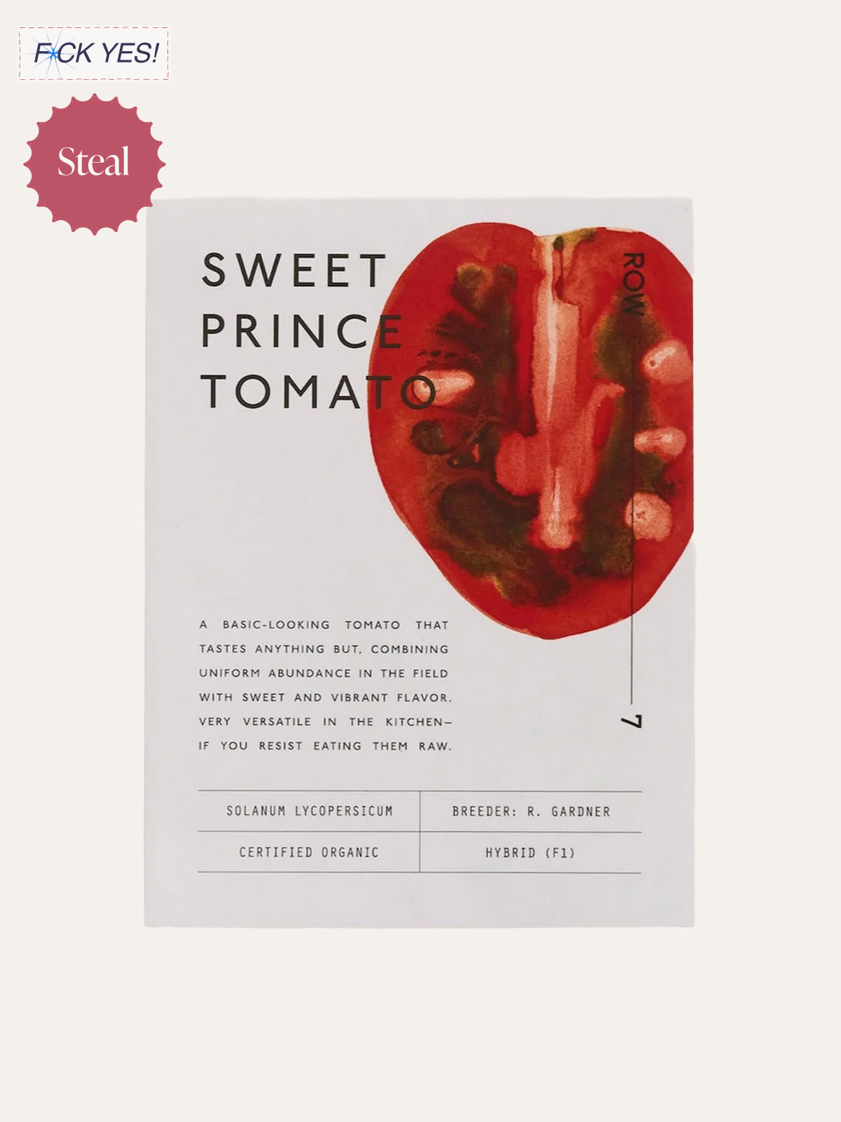 A seed packet for Sweet Prince Tomato features a watercolor illustration of a tomato with a vertical cut showing the inside. The packet includes descriptive text about the tomato and its characteristics, along with details about its scientific name, breeder, organic certification, and hybrid type.