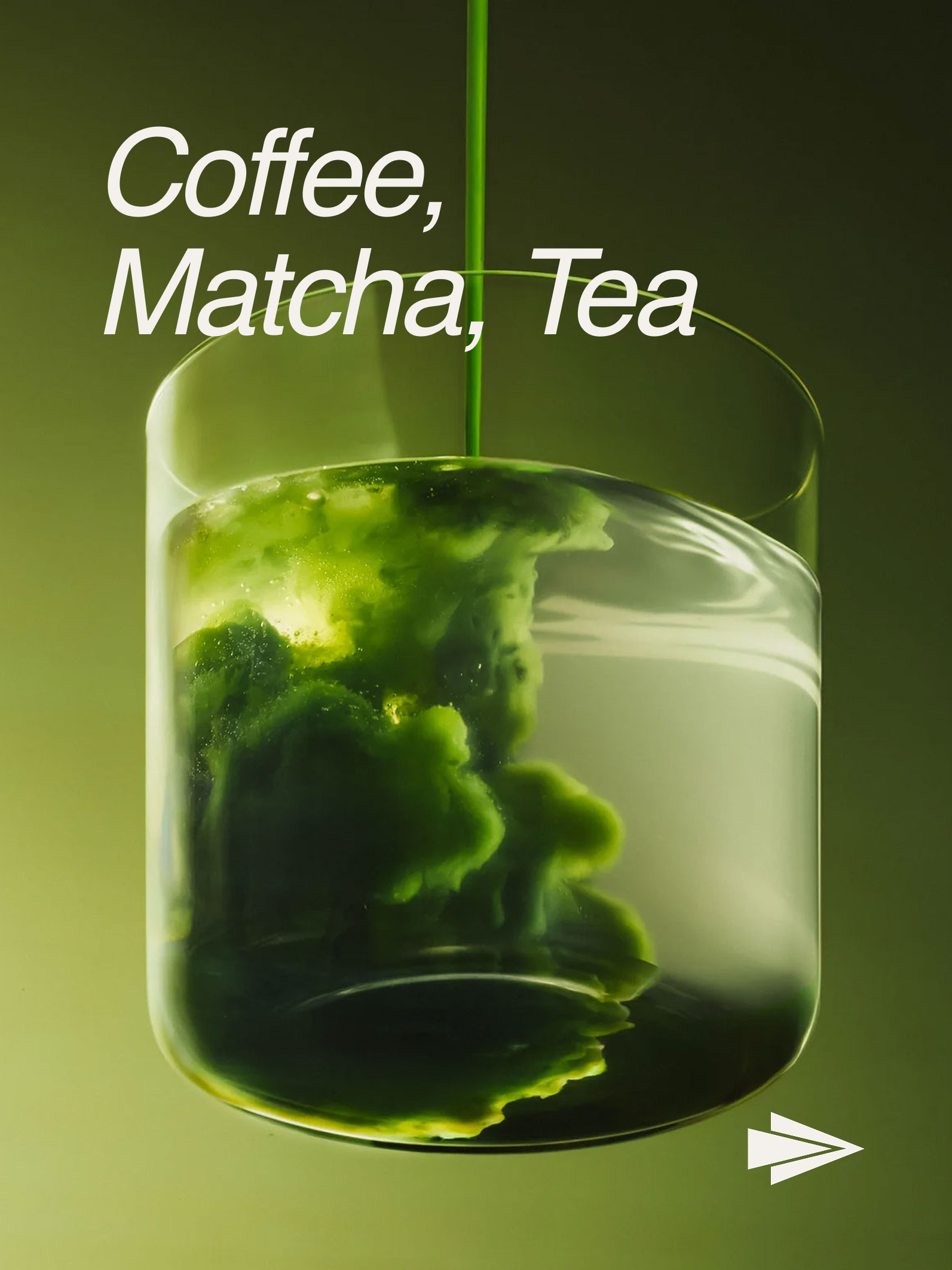 A glass of matcha tea with green powder swirling inside, with a green background.