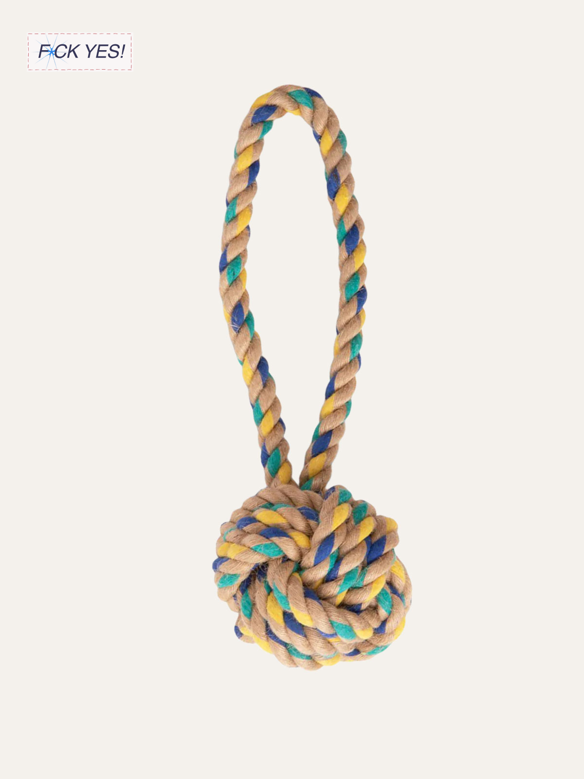 A colorful knotted rope with a loop and a ball at the end, made of twisted beige, blue, green, and yellow strands.