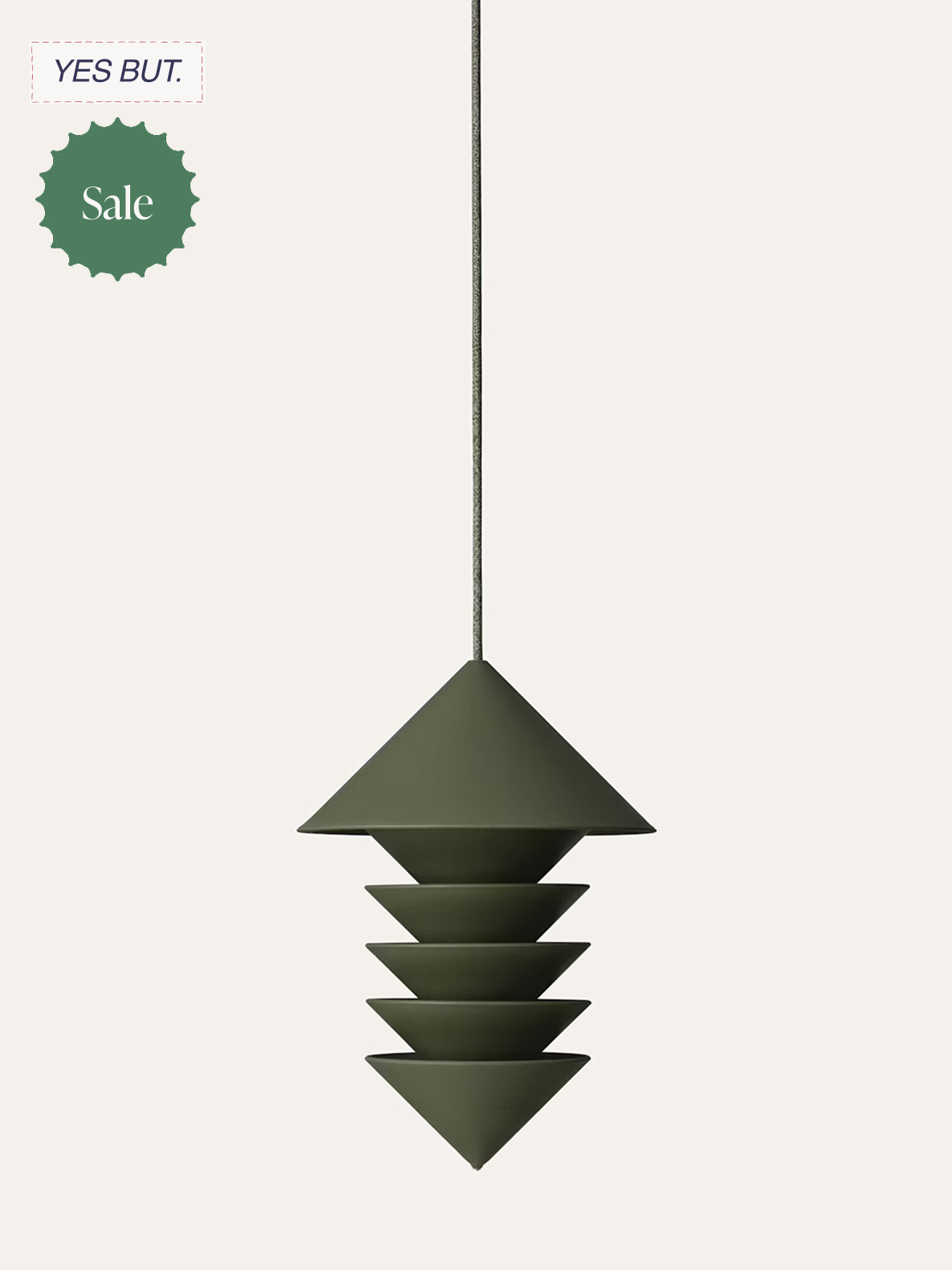A modern pendant light with a series of downward-facing cones in dark green, hanging from a ceiling with a cord.