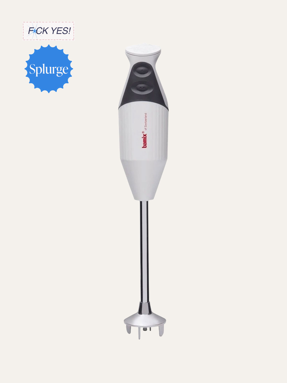 A handheld immersion blender with a white body and black accents, branded with 'bamix' and 'Switzerland', with a long metal blending shaft and a multi-pronged blade at the base.