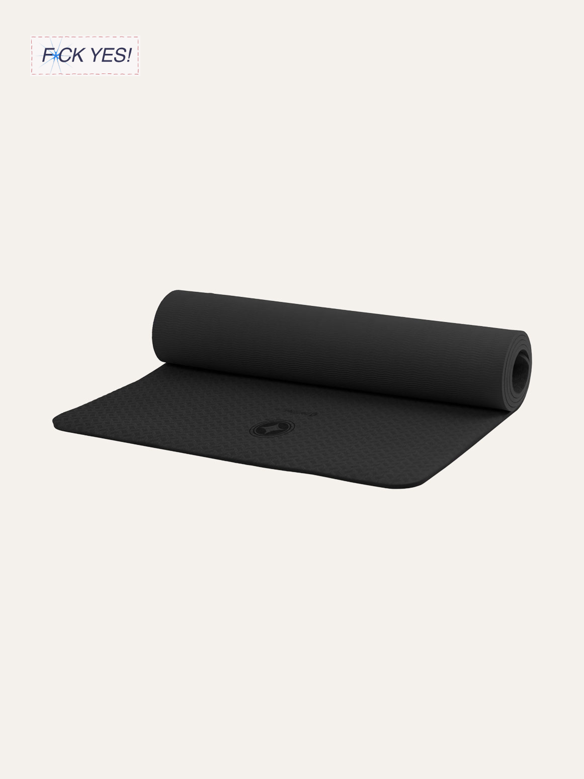 Black yoga mat partially rolled out on a plain background.