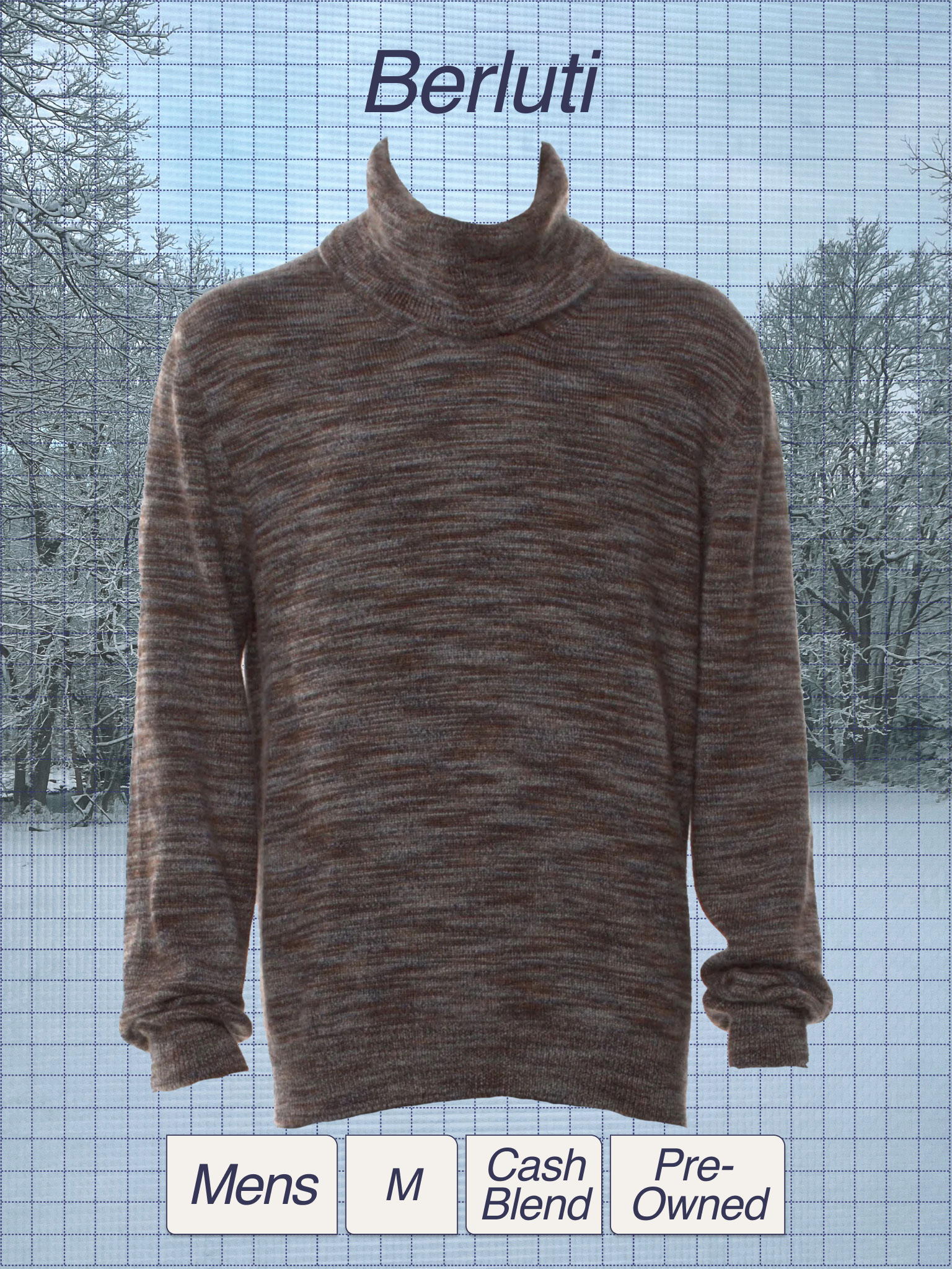 Brown and beige striped men's sweater with a turtleneck, displayed against a wintery background with leafless trees. The image has grid lines and text labels below describing features such as 'Mens,' 'M,' 'Cash Blend,' and 'Pre-Owned'.
