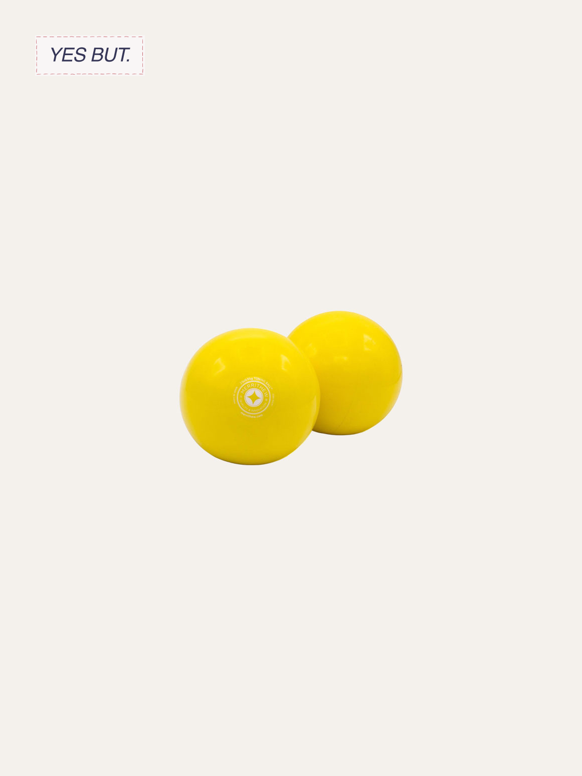 Two yellow bocce balls with a logo on one of them