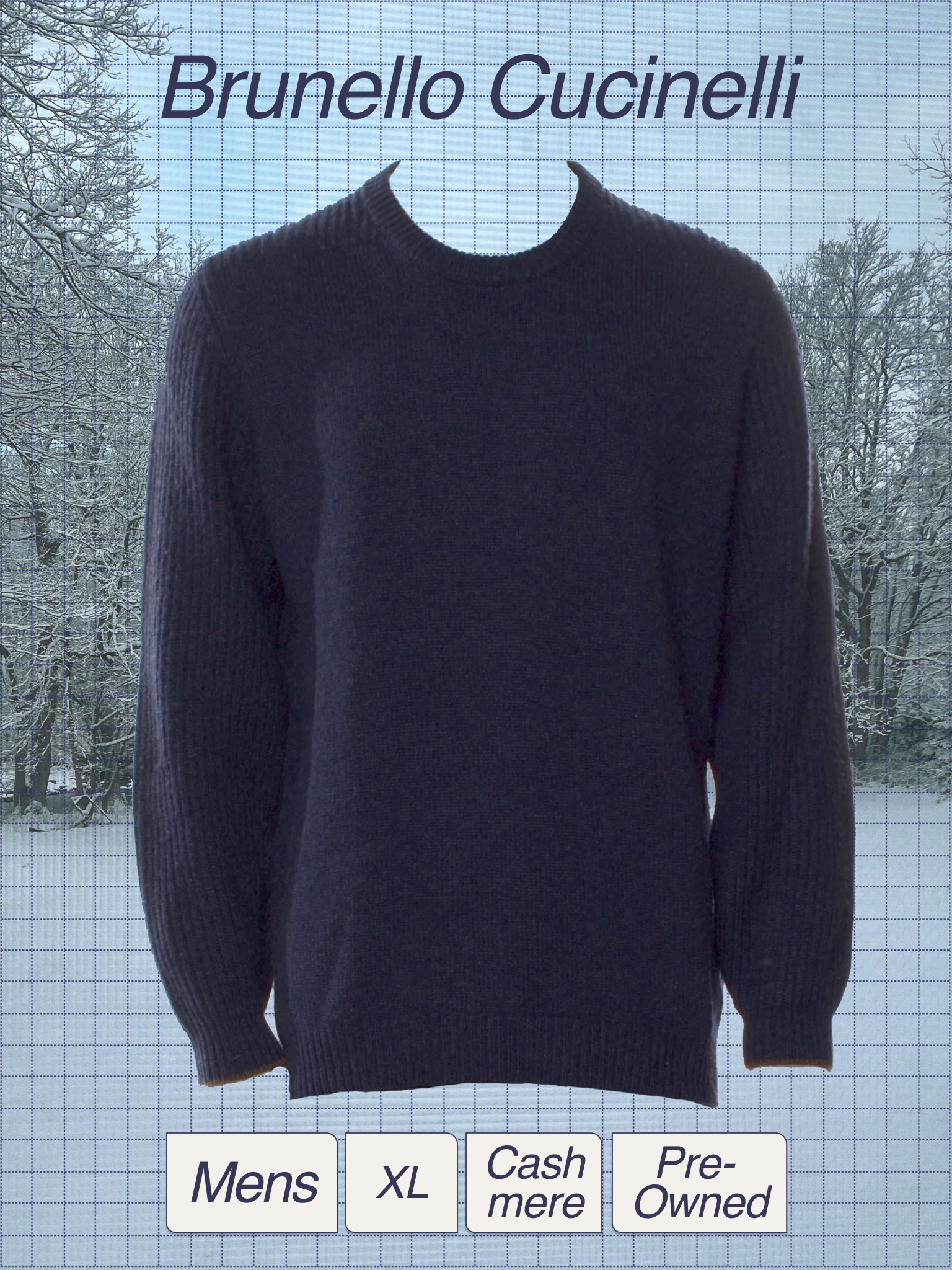 Blue background with grid overlay showing a black men's sweater labeled 'Brunello Cucinelli.' The sweater is medium thickness with a rounded neckline, and the background includes leafless trees in a winter scene. Below, tags indicate clothing size XL, for men, cashmere fabric, pre-owned.