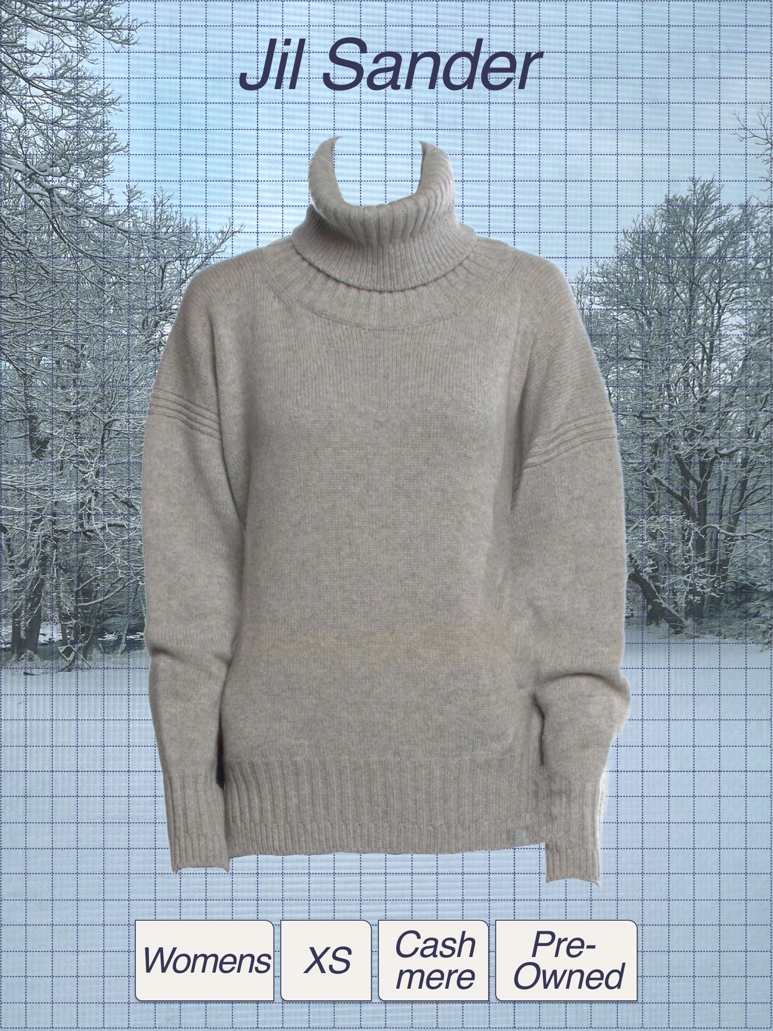 A beige turtleneck sweater hanging against a snowy winter landscape with trees in the background. The image includes category tags for women's clothing, size XS, pre-owned, cashmere, and made in America.