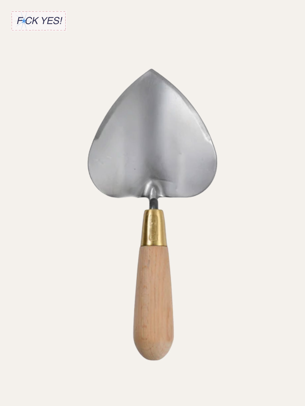 A garden trowel with a wooden handle and a metal blade, set against a plain background.