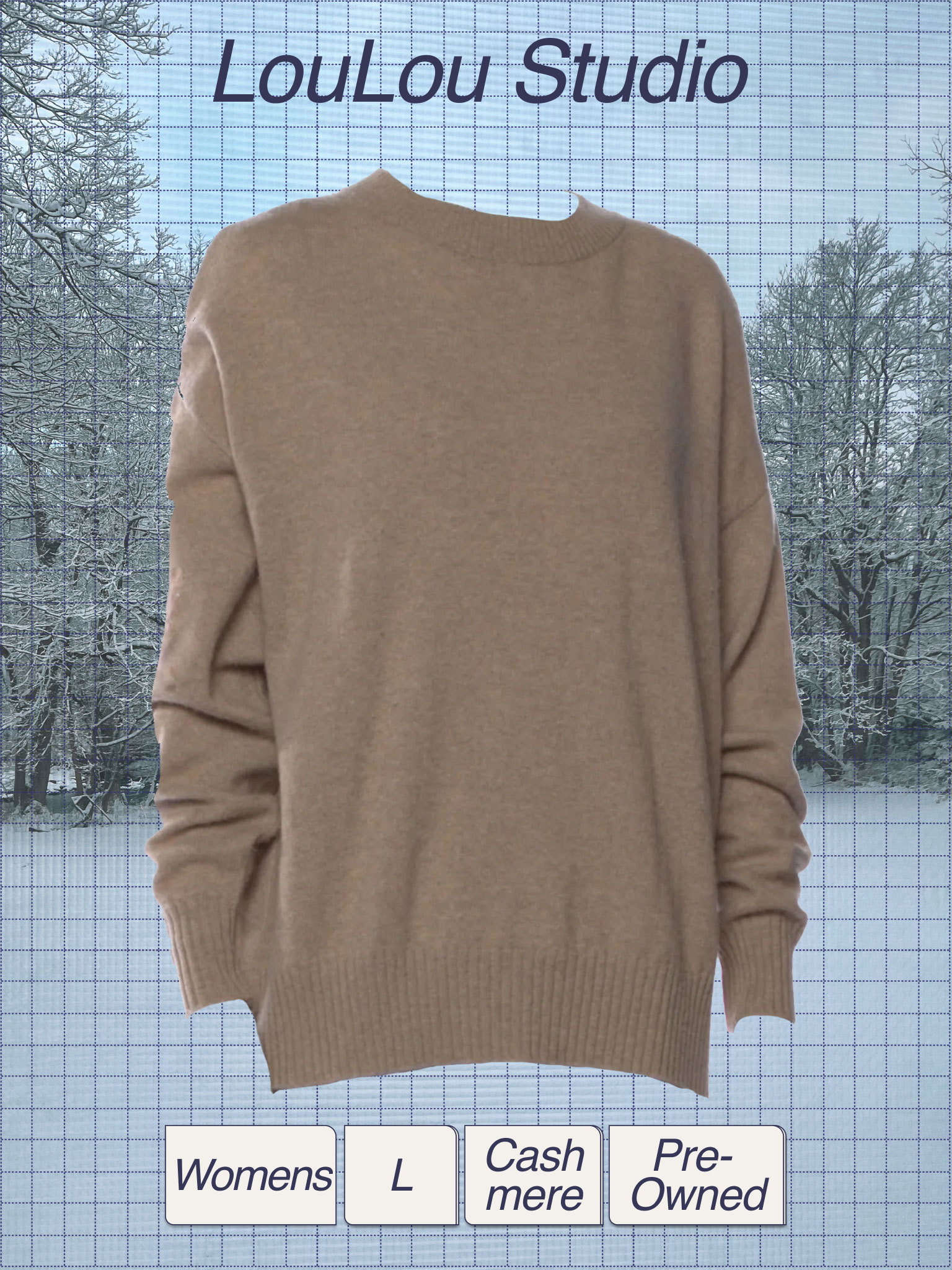 A person wearing a beige sweater standing in front of a snowy winter landscape with leafless trees. The image includes overlaid text reading 'LouLou Studio' at the top, and a grid of buttons at the bottom with labels: 'Womens', 'L', 'Cash', and 'Pre-Owned'.
