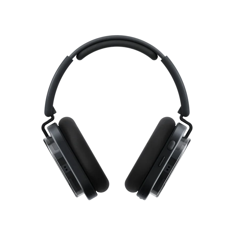 Black over-ear wireless headphones with a padded headband and buttons on the side.