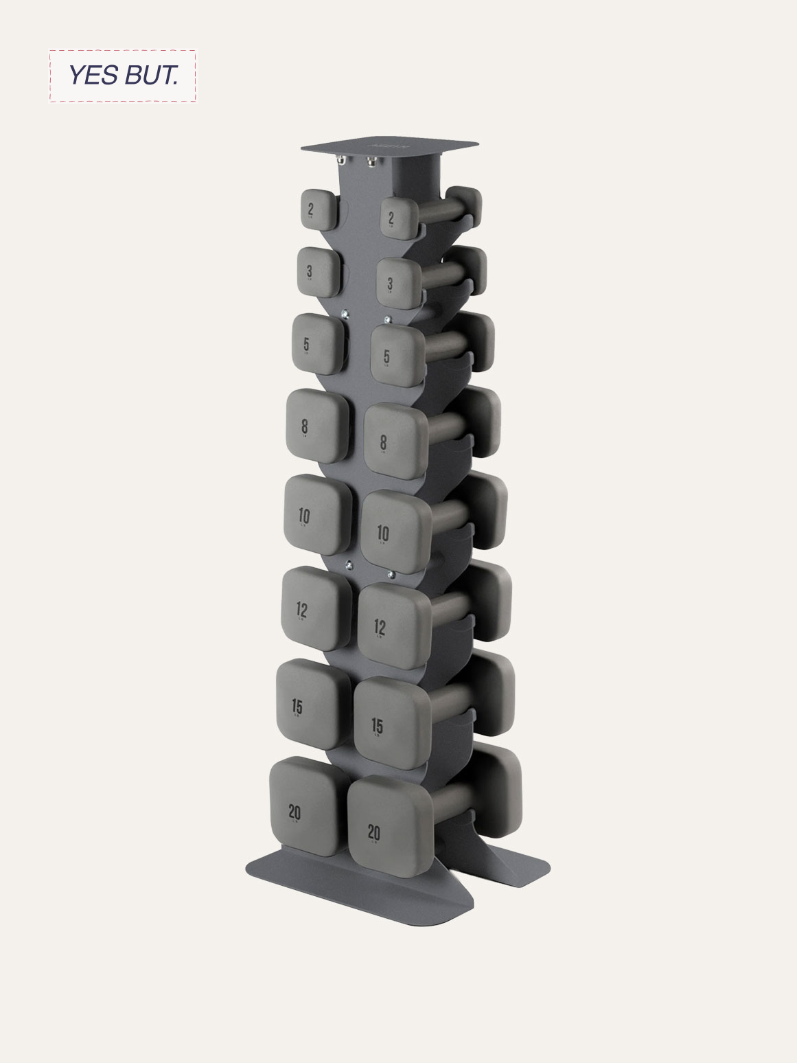 Gray adjustable dumbbell rack with multiple pairs of dumbbells numbered 2, 3, 5, 8, 10, 12, 15, and 20 pounds.