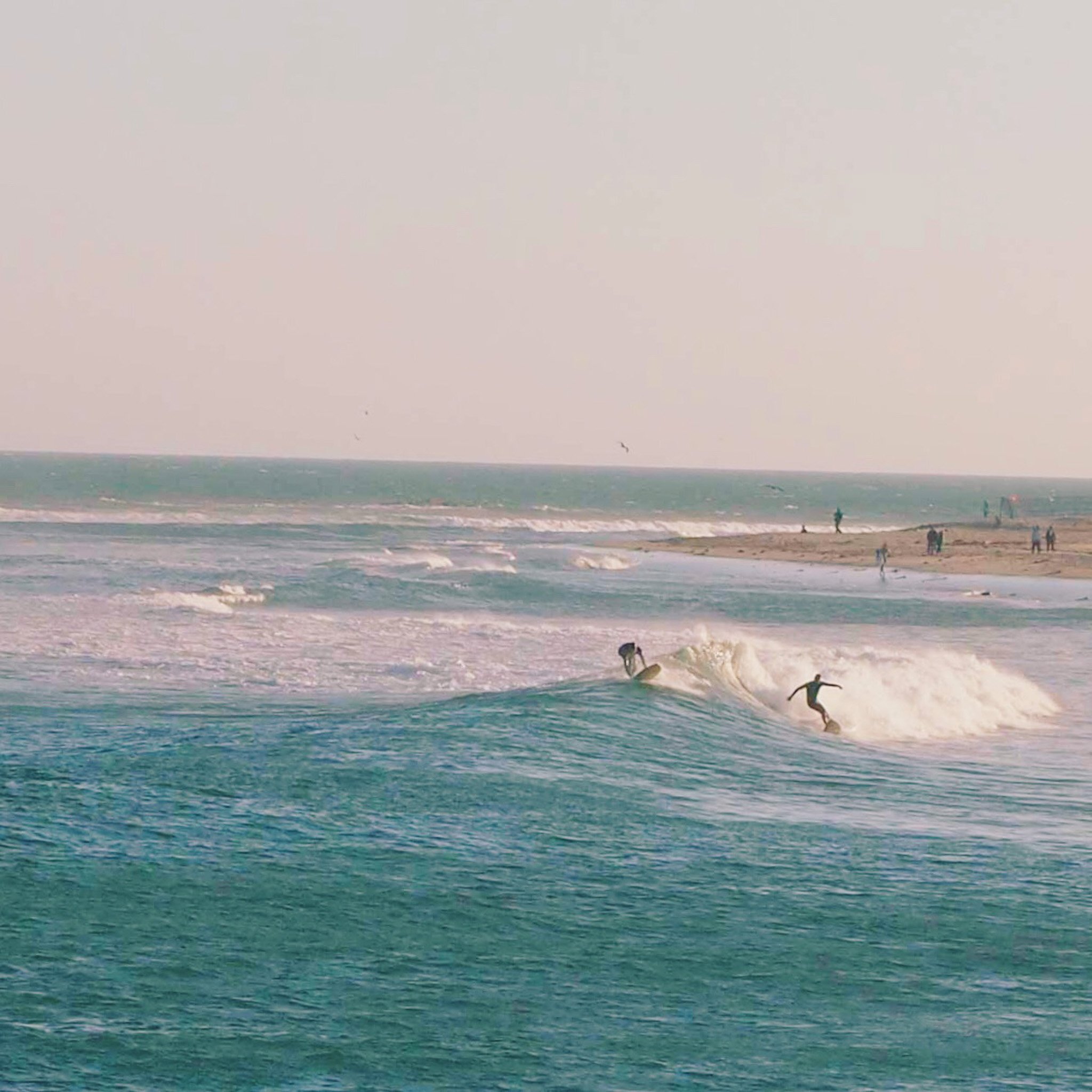 People surfing on the ocean waves near the beach with a clear sky.