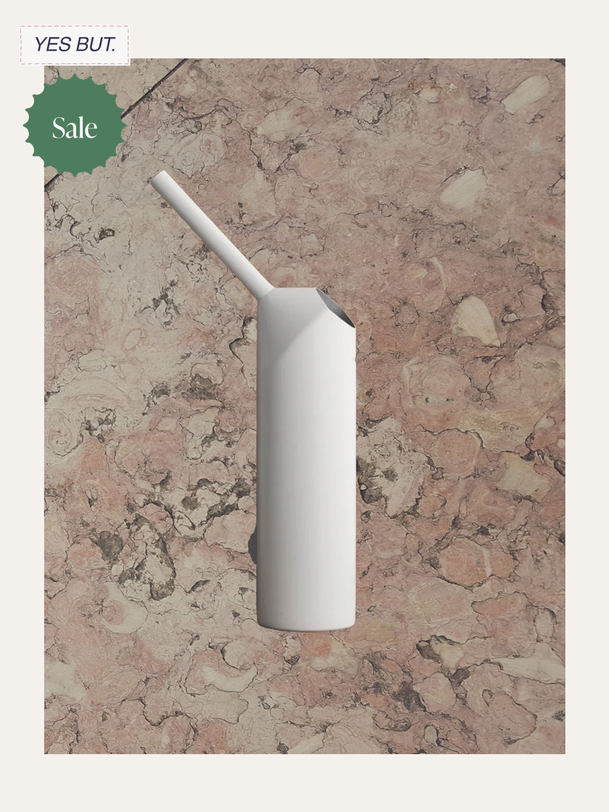 White soap dispenser with a straw-style spout on a pink and beige marble countertop.