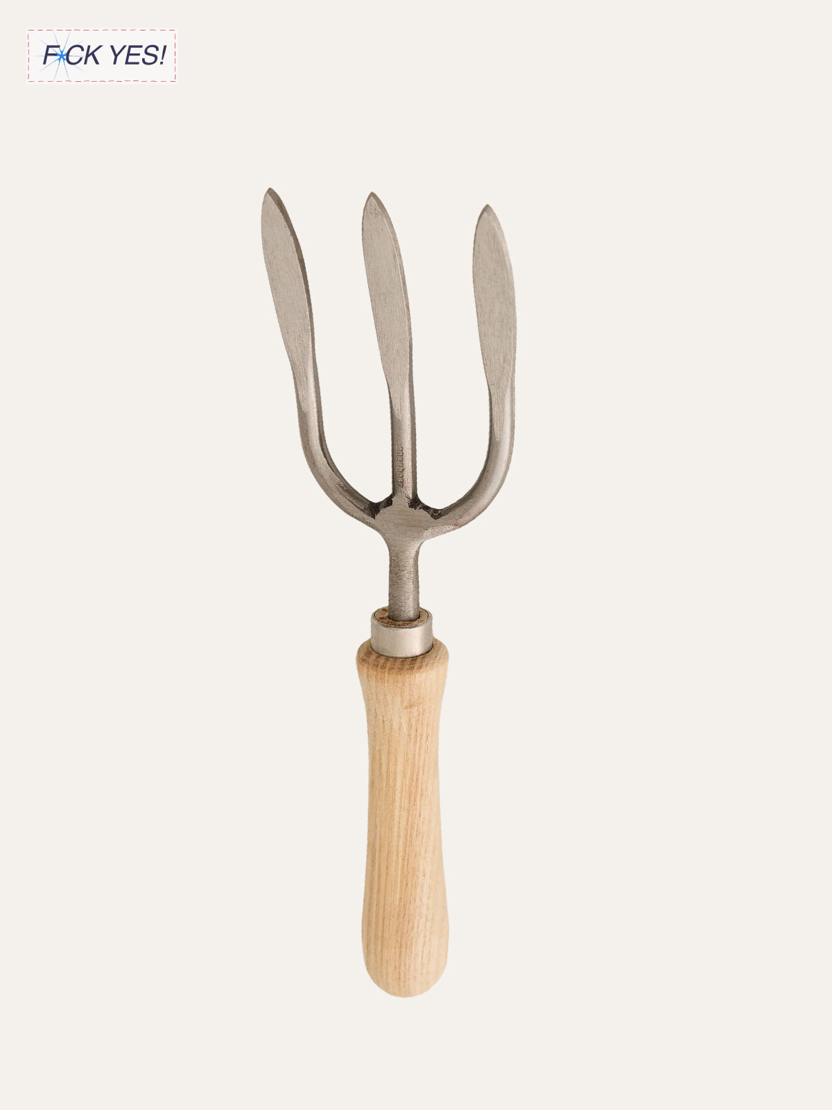 A gardening hand tool that is a combination of a pitchfork and a screwdriver with a wooden handle.