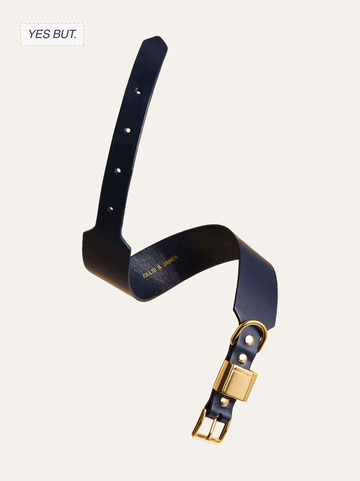 A black leather belt with gold buckle and the words "Ollie & James" printed in small letters inside the belt, hanging against a plain background with the text "Yes But" in the upper left corner.