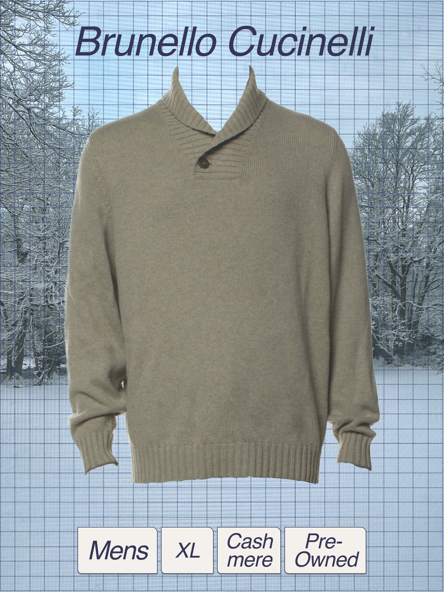 A beige men's sweater with a collared neckline and single button. Background shows snowy trees and a blue grid. Overlay text reads 'Brunello Cucinelli'. Tag options include 'Mens', 'XL', 'Cashmere', and 'Pre-Owned'.