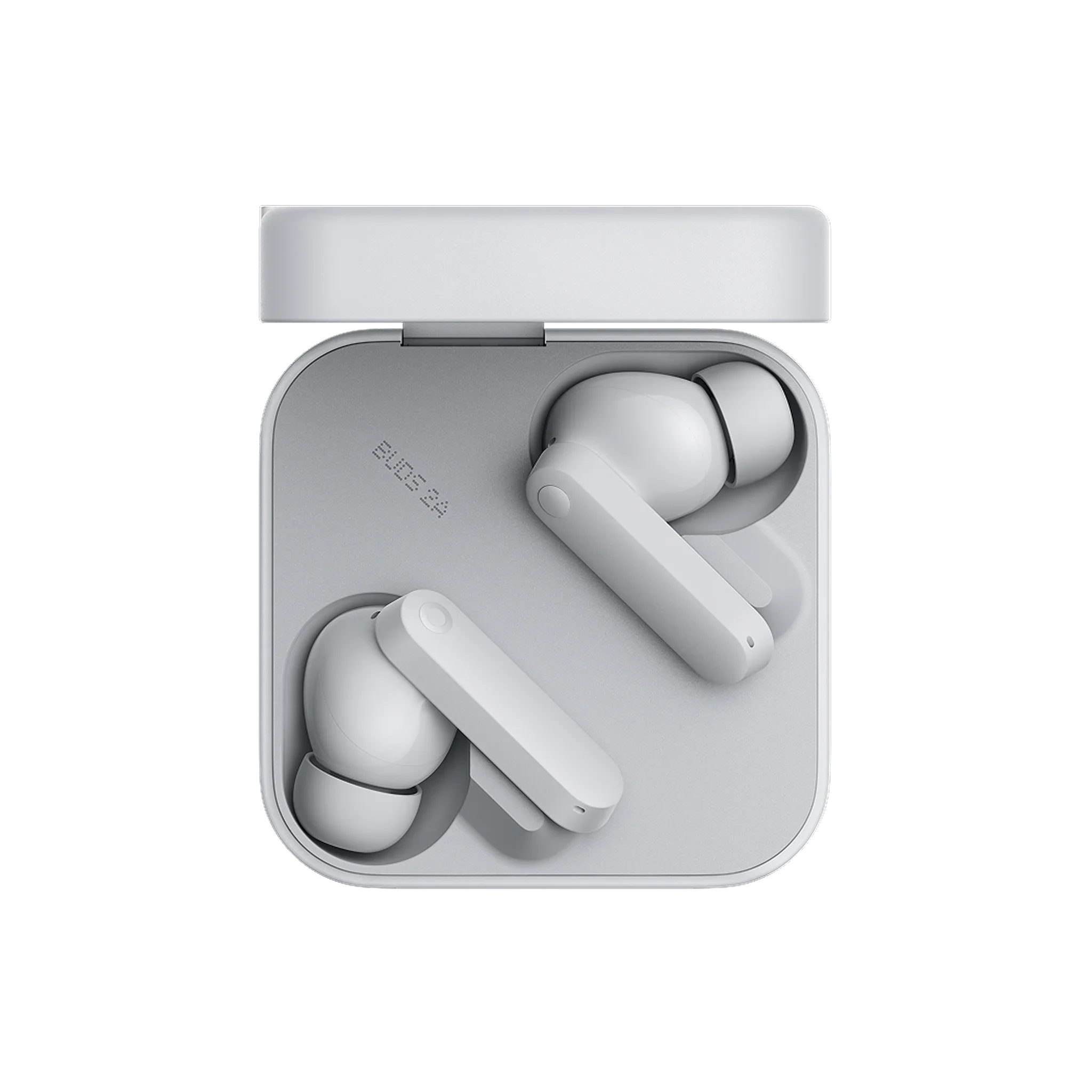 Wireless white earbuds in charging case on a white surface.