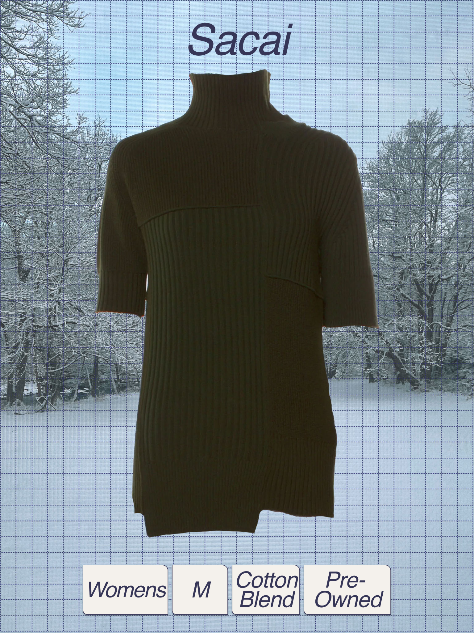 A beige, ribbed, high-neck women's sweater hanging in front of a frosted window with snow-covered trees outside. The image has labels indicating it is a size medium, cotton blend, pre-owned, and woman-specific clothing.